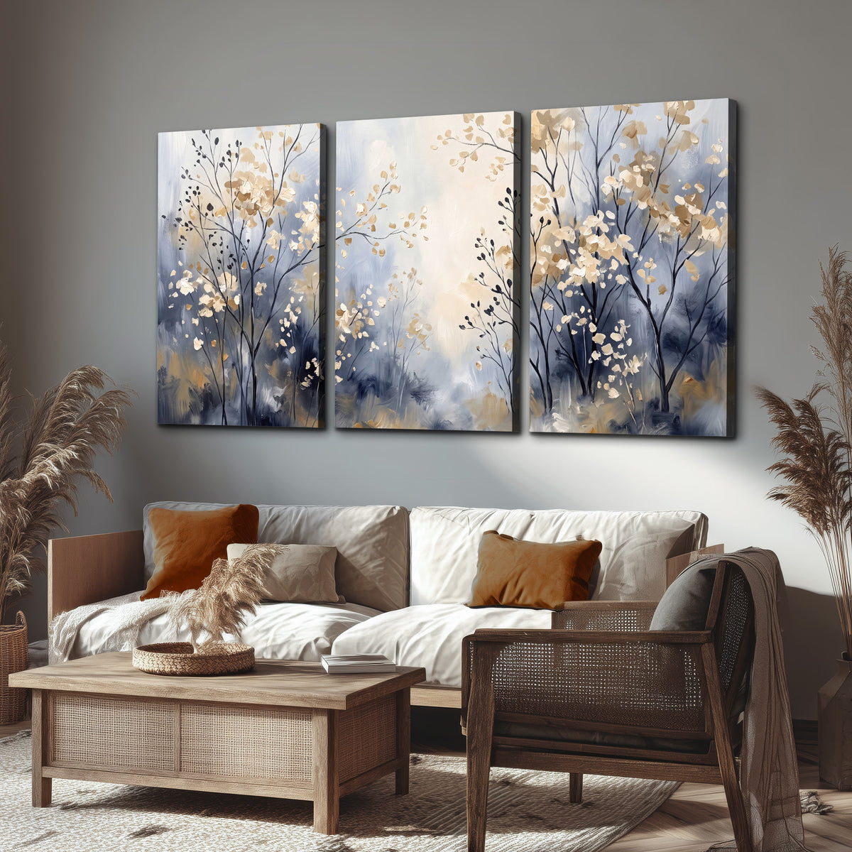 Delicate pale gold-colored branches against a deep blue misty background 3 piece canvas wall art displayed in a rustic living room