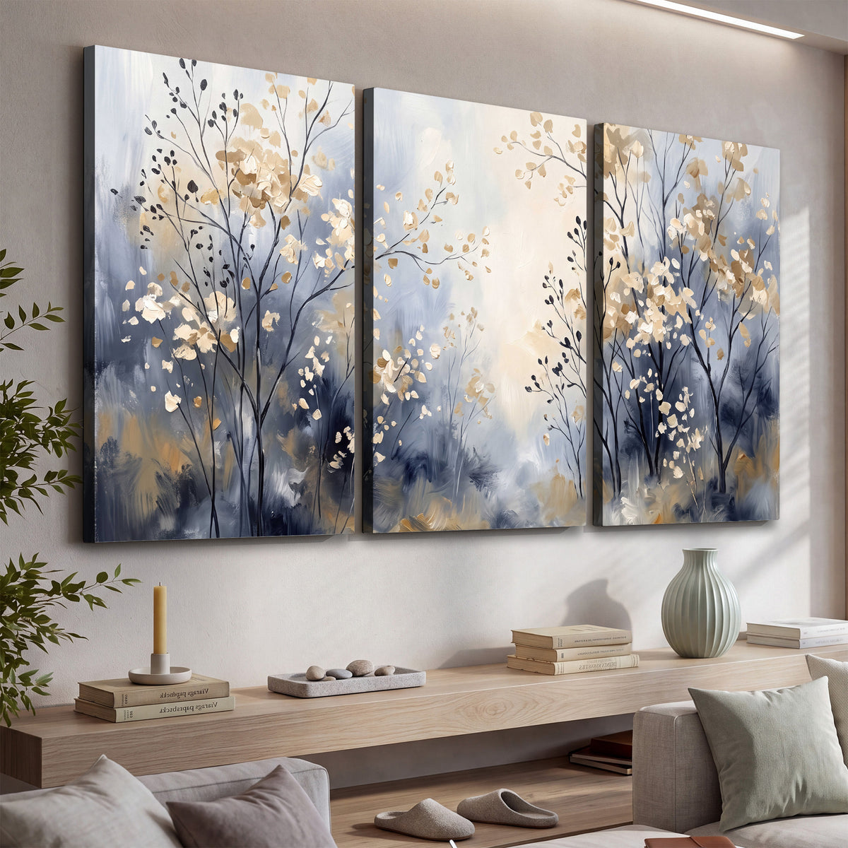 Delicate pale gold-colored branches against a deep blue misty background 3 piece canvas wall art displayed in a console