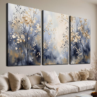 Delicate pale gold-colored branches against a deep blue misty background 3 piece canvas wall art room and product view