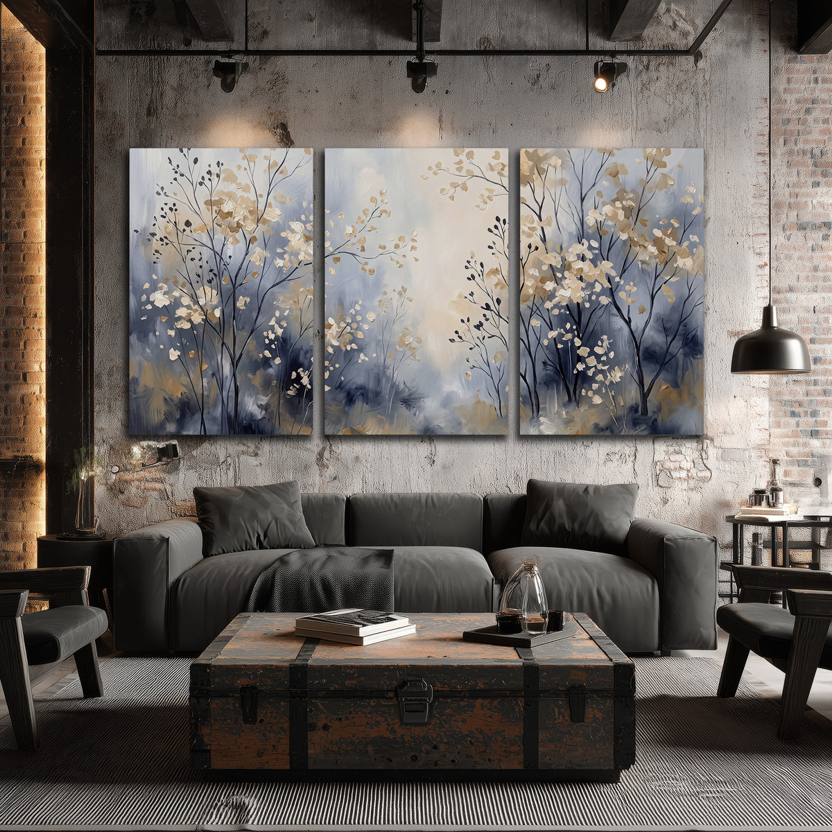 Delicate pale gold-colored branches against a deep blue misty background 3 piece canvas wall art displayed in a industrial room