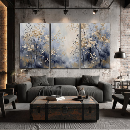 Delicate pale gold-colored branches against a deep blue misty background 3 piece canvas wall art displayed in a industrial room