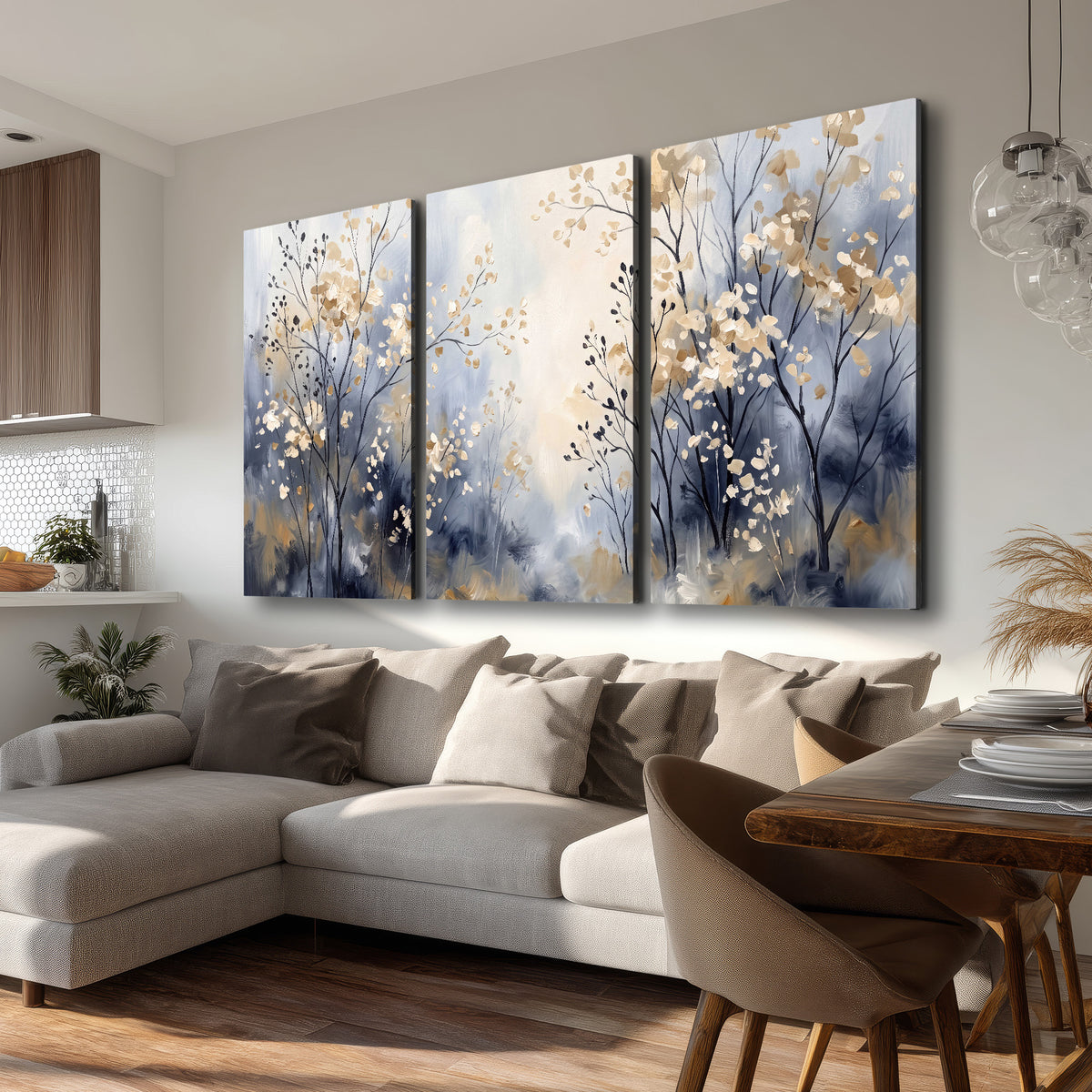 Delicate pale gold-colored branches against a deep blue misty background 3 piece canvas wall art room and product view