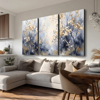 Delicate pale gold-colored branches against a deep blue misty background 3 piece canvas wall art room and product view