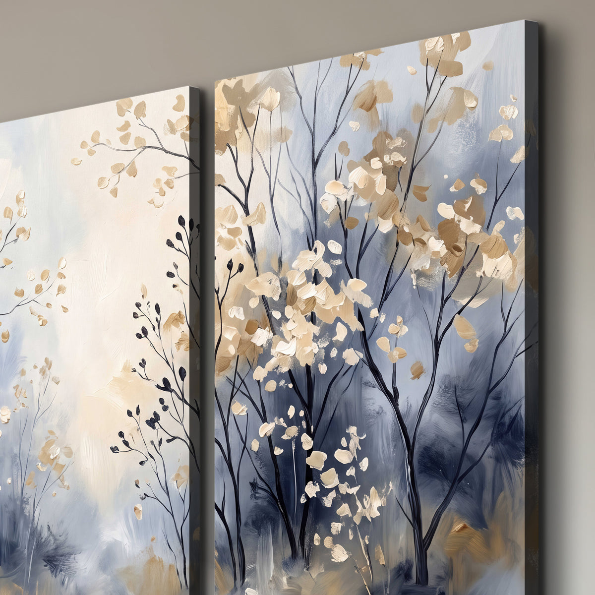 Delicate pale gold-colored branches against a deep blue misty background 3 piece canvas wall art room and product view