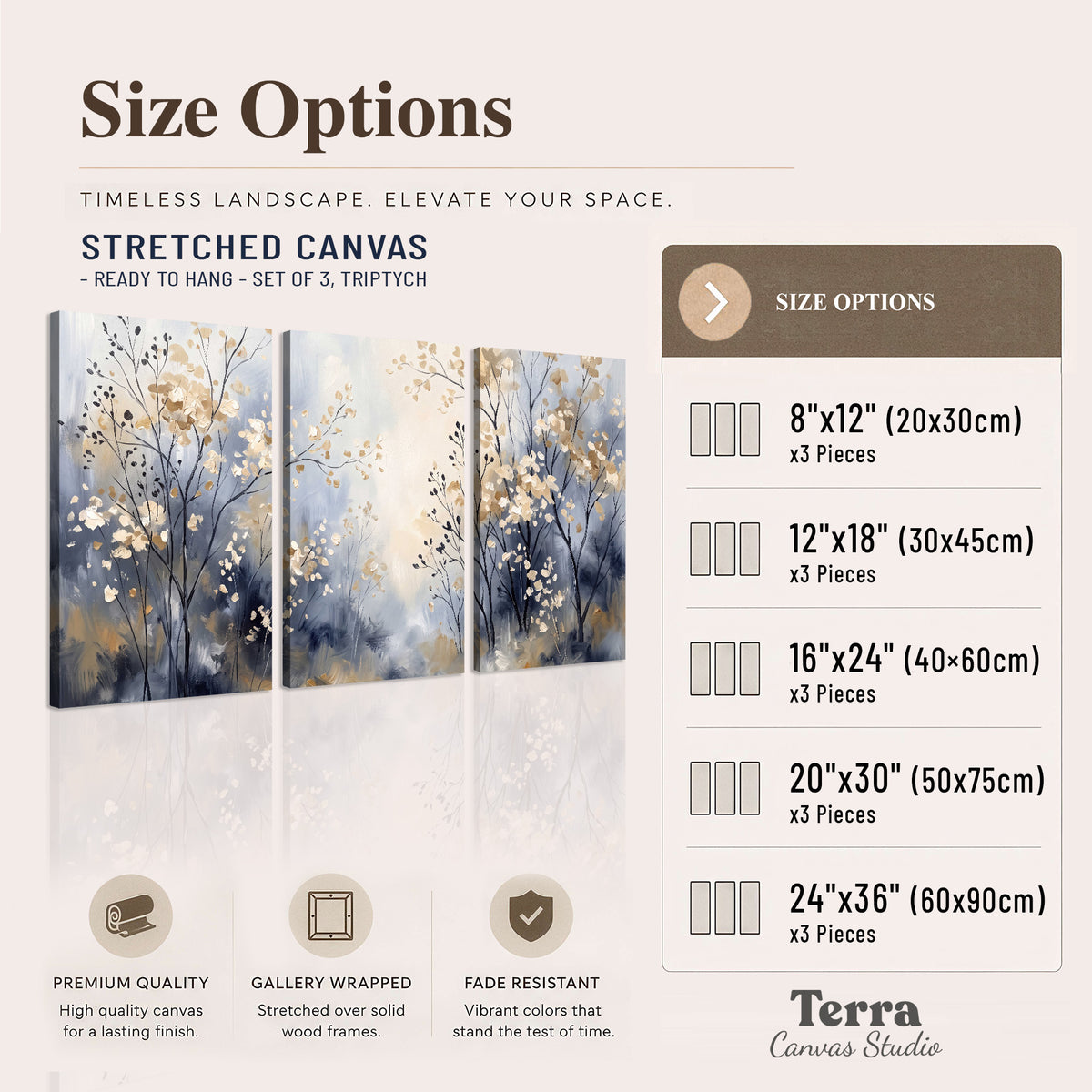 Delicate pale gold-colored branches against a deep blue misty background 3 piece canvas wall art available dimensions; triptych dimensions are per panel