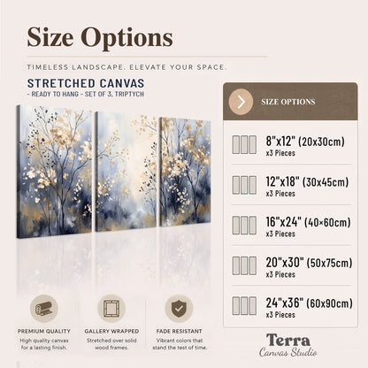 Delicate pale gold-colored branches against a deep blue misty background 3 piece canvas wall art available dimensions; triptych dimensions are per panel