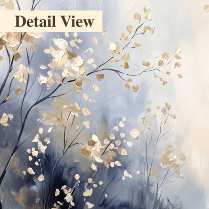 Delicate pale gold-colored branches against a deep blue misty background 3 piece canvas wall art artwork detail close up