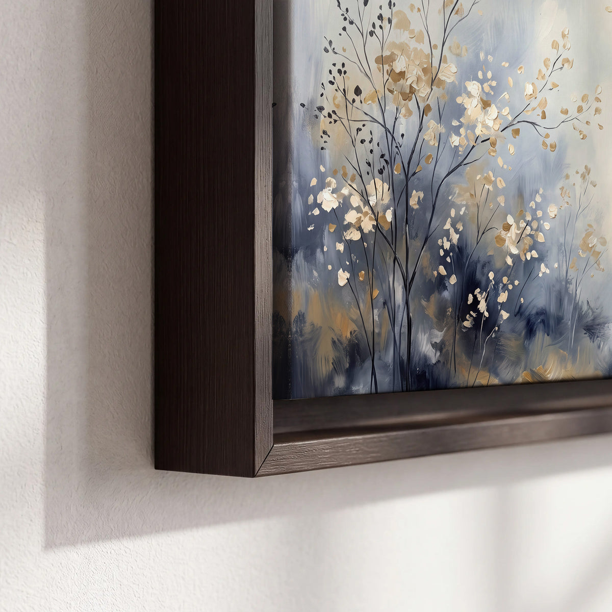 Delicate pale gold-colored branches against a deep blue misty background 3 piece framed canvas wall art material and edge close up
