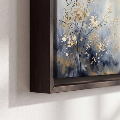Delicate pale gold-colored branches against a deep blue misty background 3 piece framed canvas wall art material and edge close up