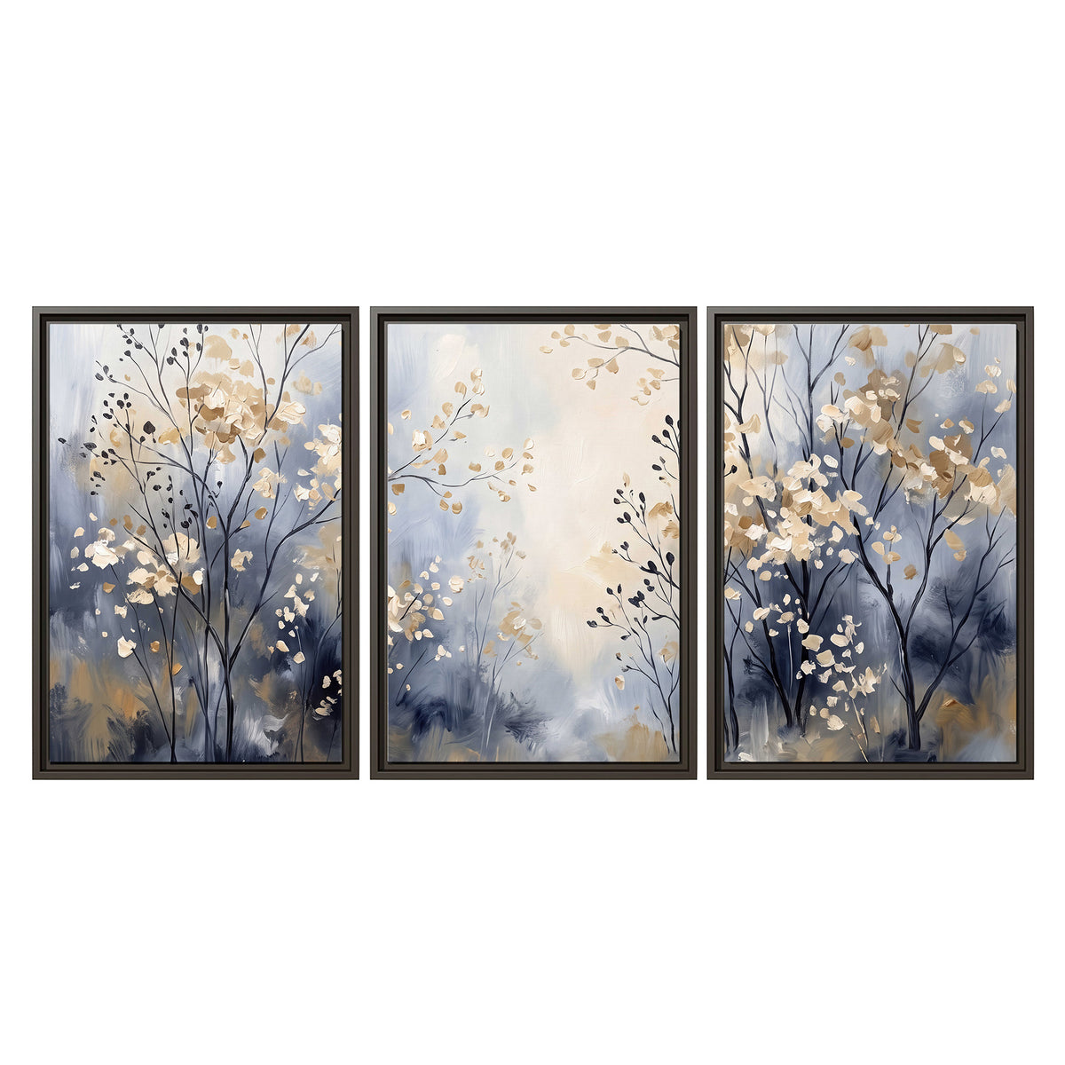 Delicate pale gold-colored branches against a deep blue misty background 3 piece framed canvas wall art viewed straight on