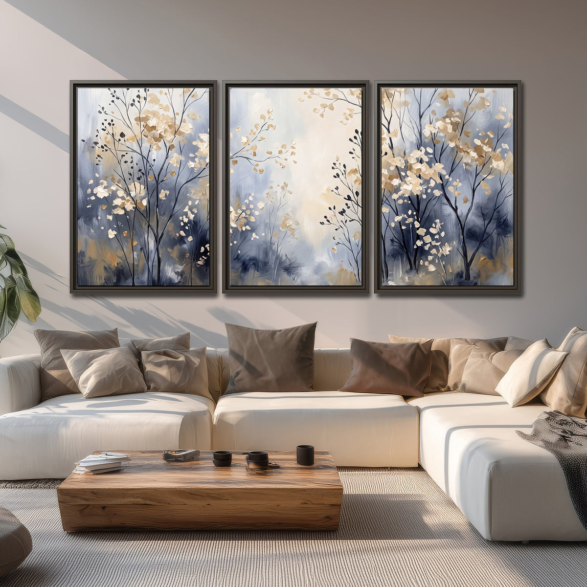Delicate pale gold-colored branches against a deep blue misty background 3 piece framed canvas wall art displayed in a living room