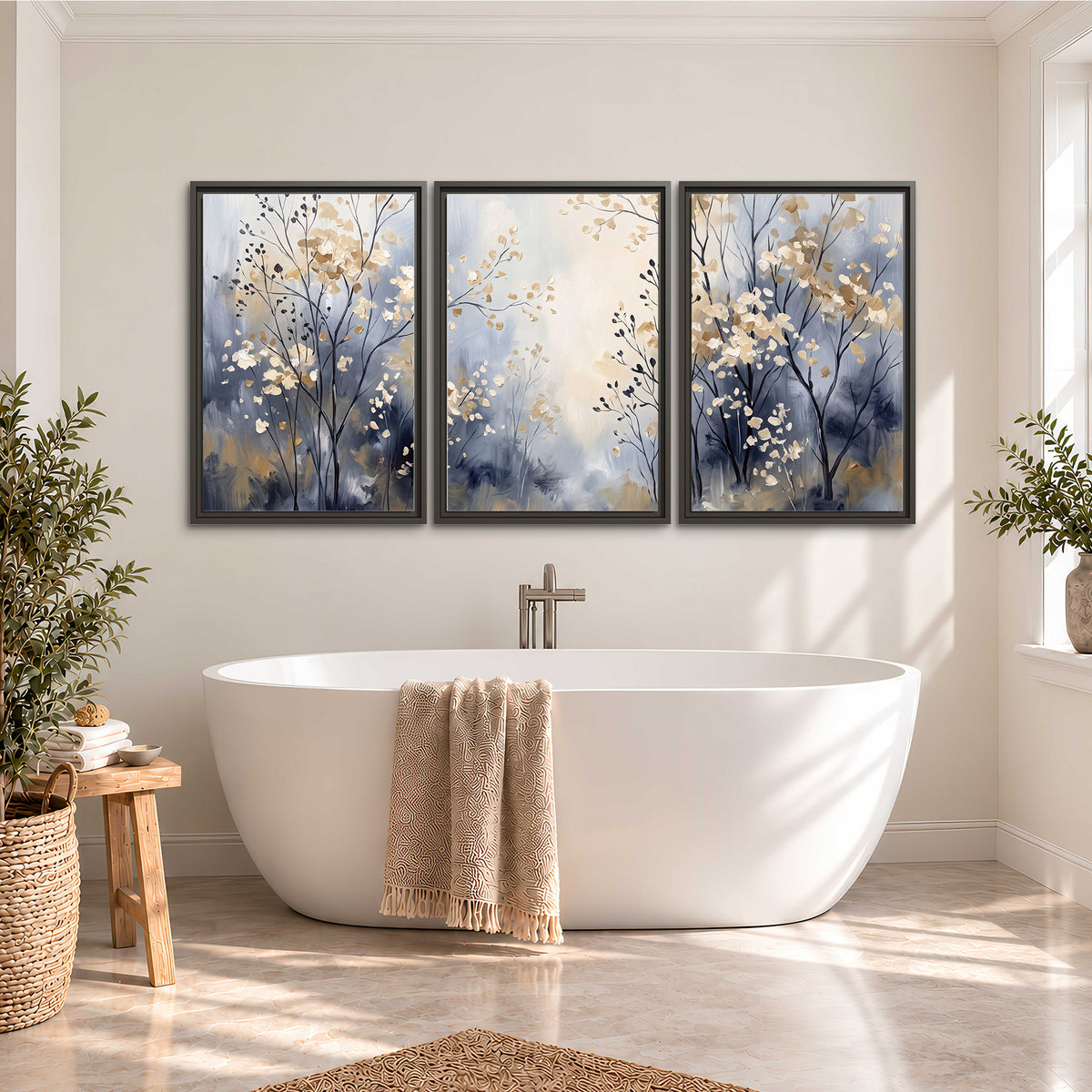 Delicate pale gold-colored branches against a deep blue misty background 3 piece framed canvas wall art styled in an interior