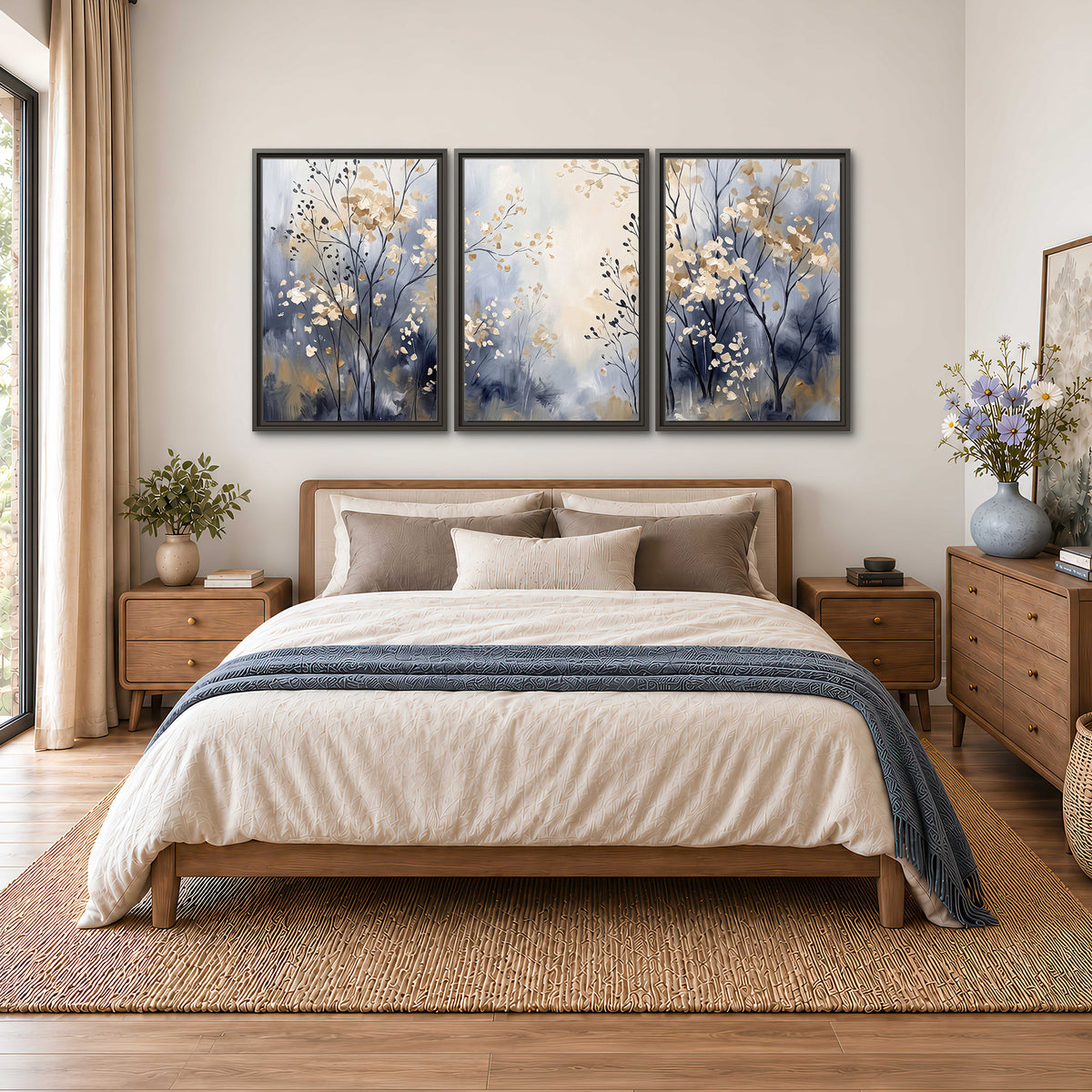 Delicate pale gold-colored branches against a deep blue misty background 3 piece framed canvas wall art styled in an interior
