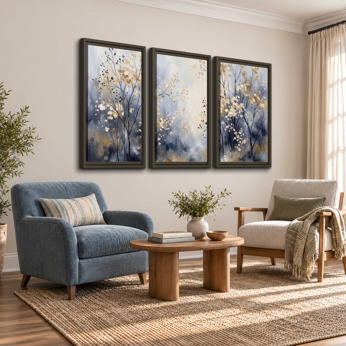 Delicate pale gold-colored branches against a deep blue misty background 3 piece framed canvas wall art styled in an interior