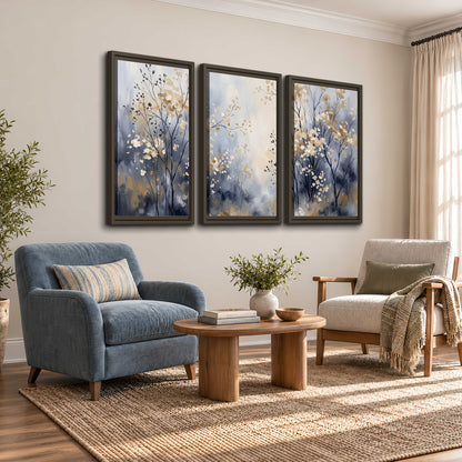 Delicate pale gold-colored branches against a deep blue misty background 3 piece framed canvas wall art styled in an interior