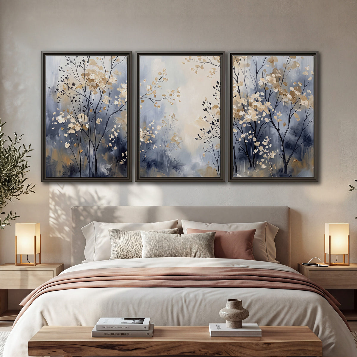 Delicate pale gold-colored branches against a deep blue misty background 3 piece framed canvas wall art displayed in a bedroom