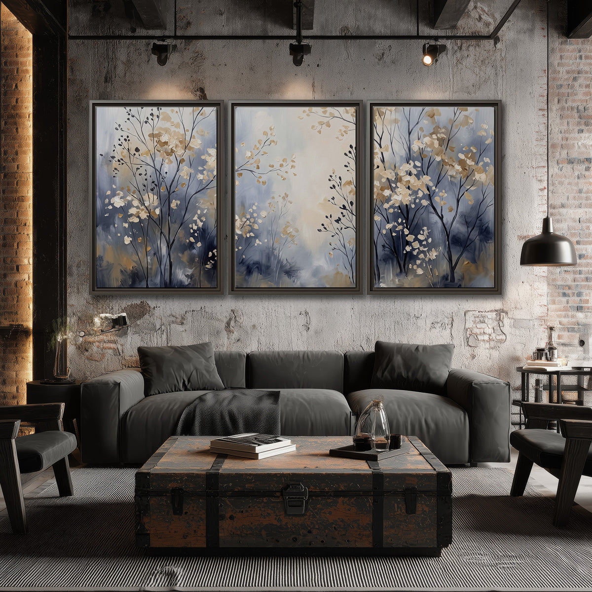 Delicate pale gold-colored branches against a deep blue misty background 3 piece framed canvas wall art displayed in a industrial room