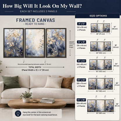 Delicate pale gold-colored branches against a deep blue misty background 3 piece framed canvas wall art size guide above a sofa; room view is illustrative