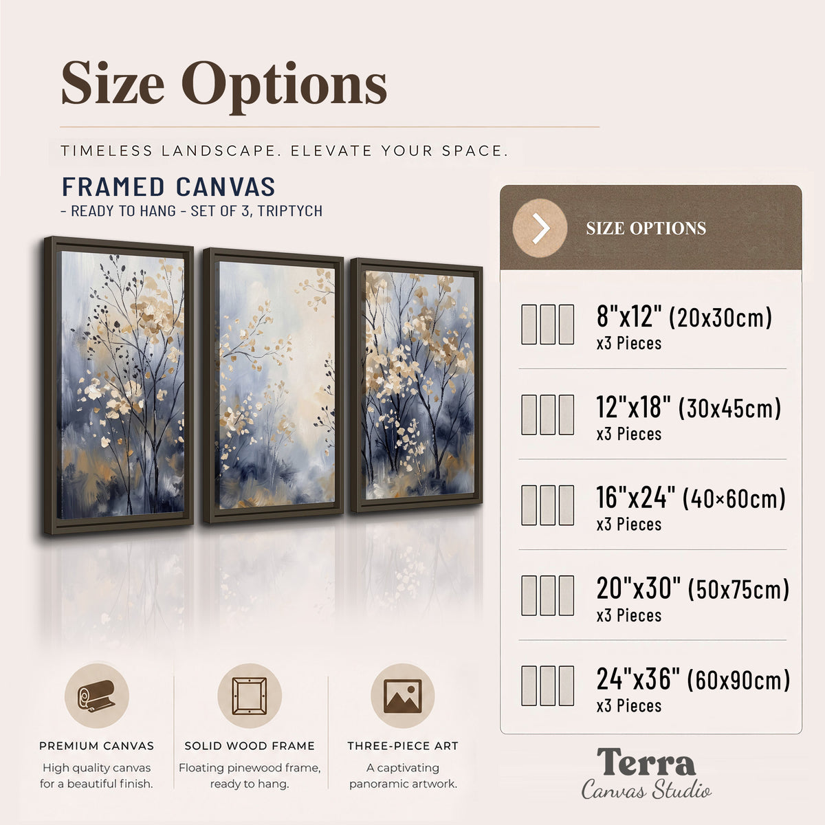 Delicate pale gold-colored branches against a deep blue misty background 3 piece framed canvas wall art available dimensions; triptych dimensions are per panel