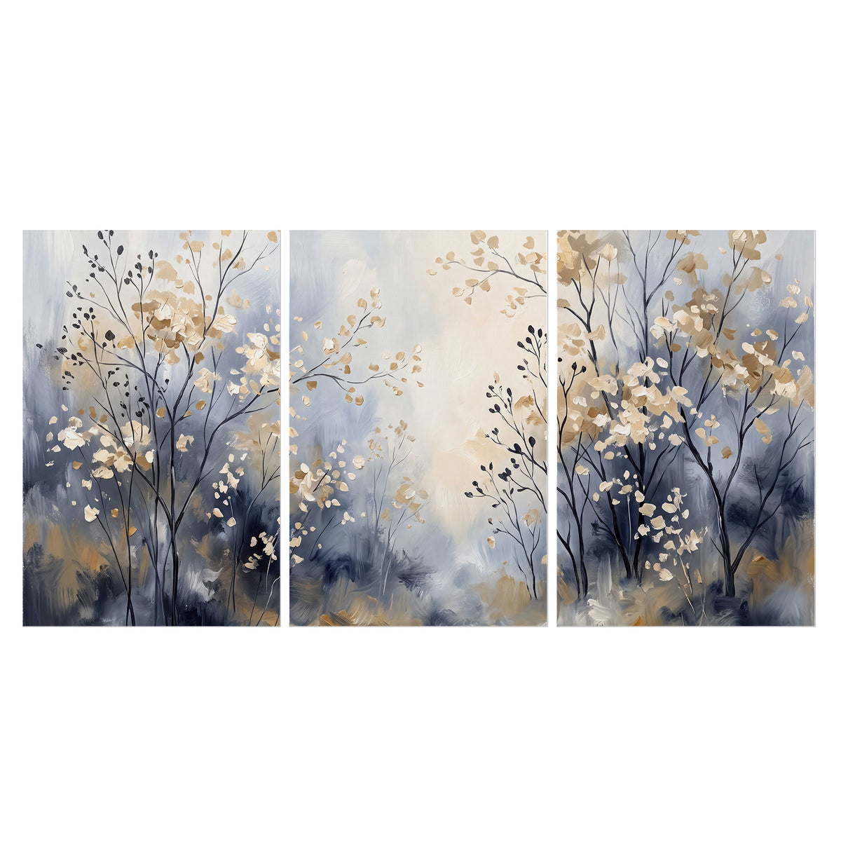 Delicate pale gold-colored branches against a deep blue misty background set of 3 poster prints viewed straight on