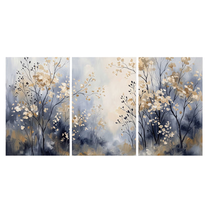 Delicate pale gold-colored branches against a deep blue misty background set of 3 poster prints viewed straight on