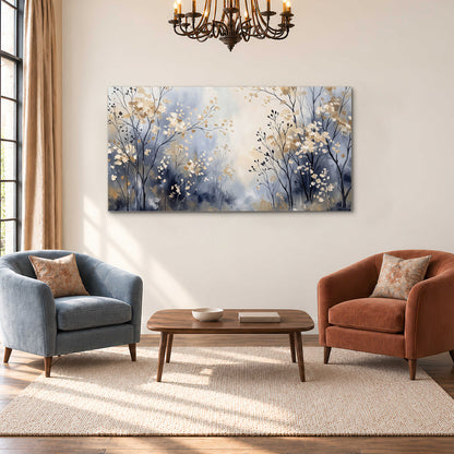 Delicate pale gold-colored branches against a deep blue misty background single canvas wall art styled in an interior