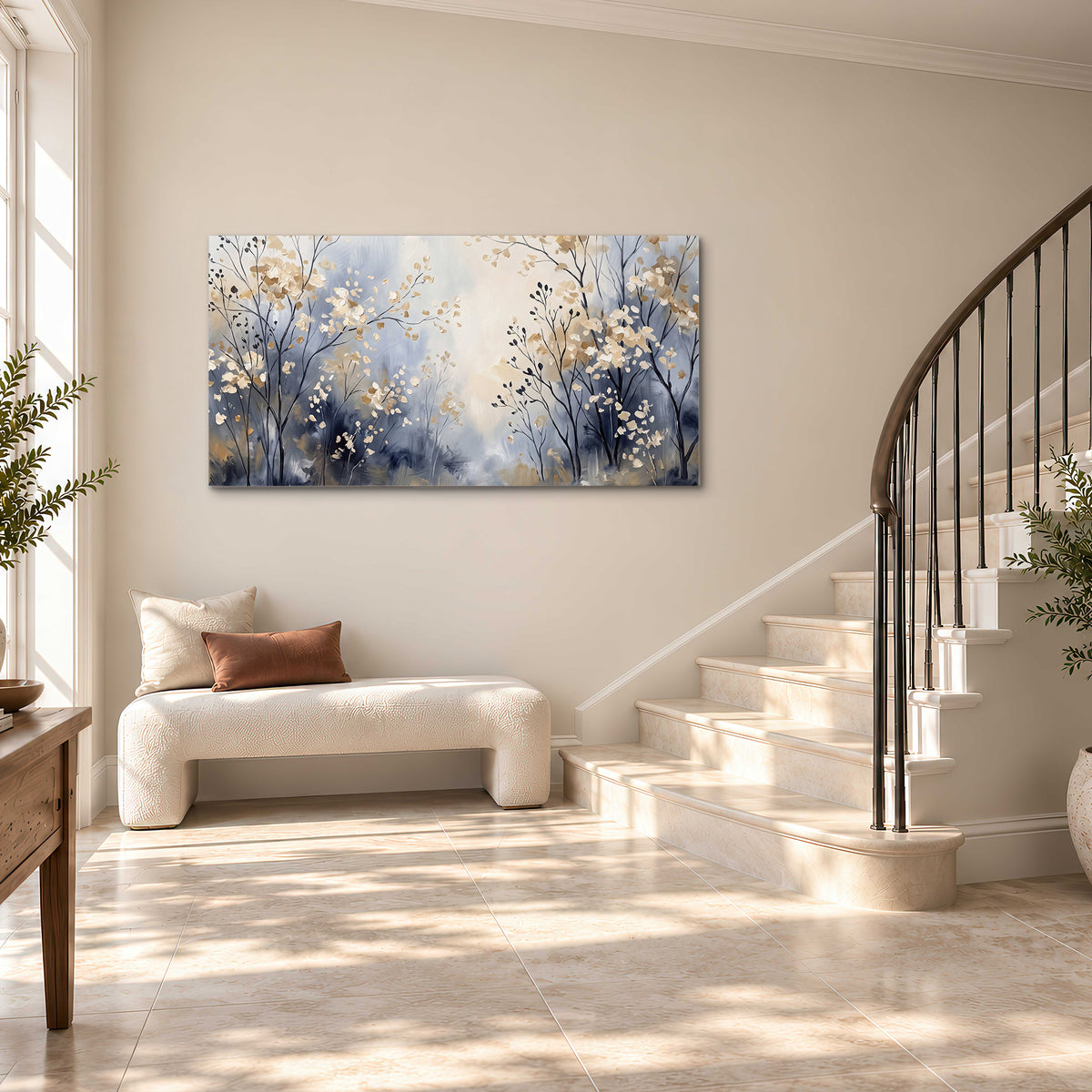 Delicate pale gold-colored branches against a deep blue misty background single canvas wall art styled in an interior