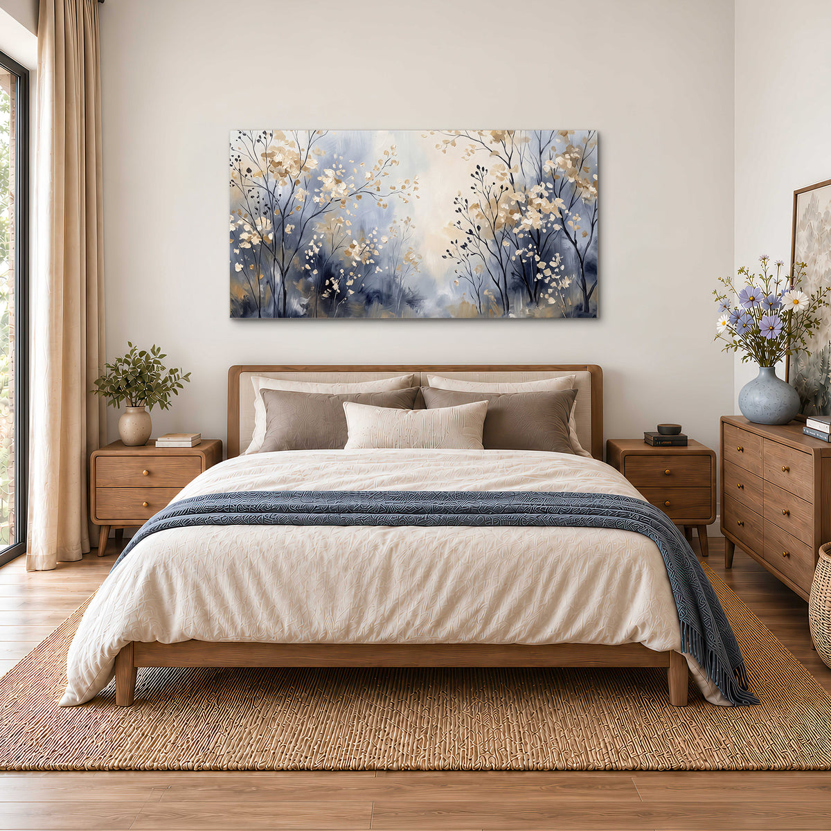 Delicate pale gold-colored branches against a deep blue misty background single canvas wall art styled in an interior