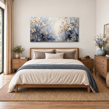 Delicate pale gold-colored branches against a deep blue misty background single canvas wall art styled in an interior