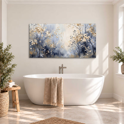 Delicate pale gold-colored branches against a deep blue misty background single canvas wall art styled in an interior