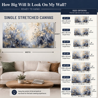 Delicate pale gold-colored branches against a deep blue misty background single canvas wall art size guide above a sofa; room view is illustrative