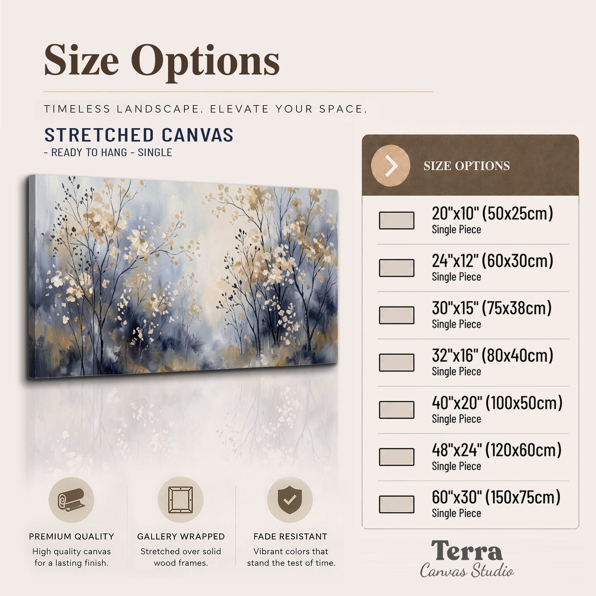 Delicate pale gold-colored branches against a deep blue misty background single canvas wall art available dimensions