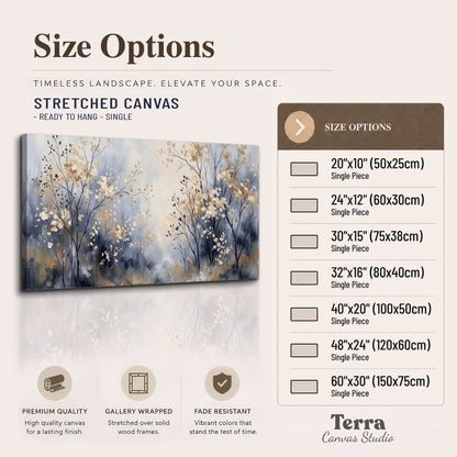 Delicate pale gold-colored branches against a deep blue misty background single canvas wall art available dimensions