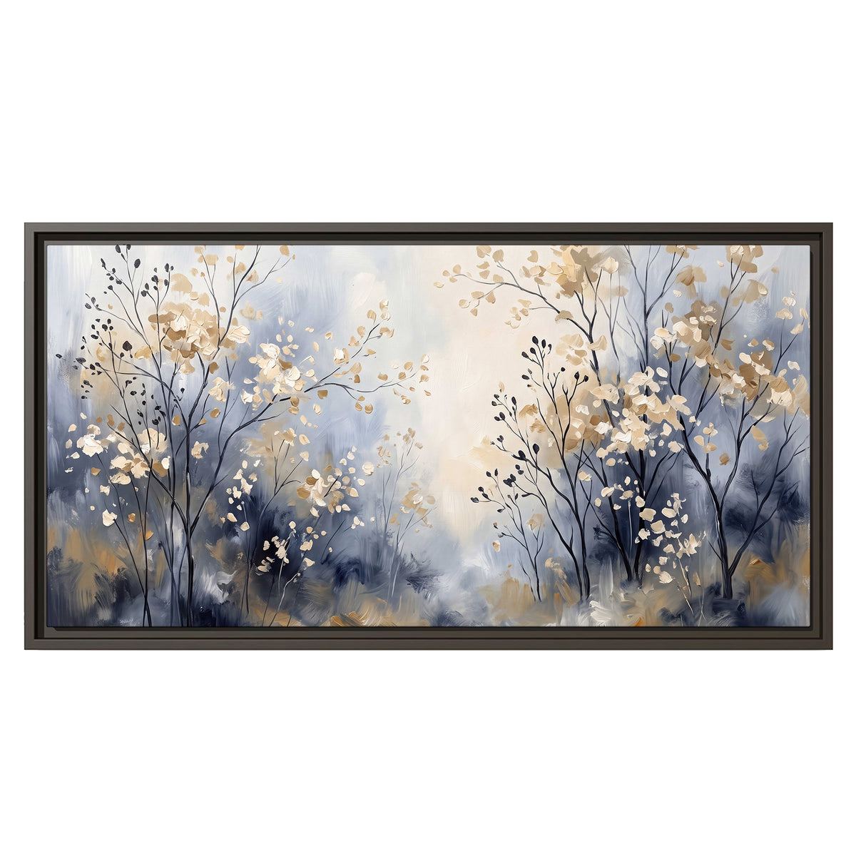 Delicate pale gold-colored branches against a deep blue misty background single framed canvas wall art viewed straight on