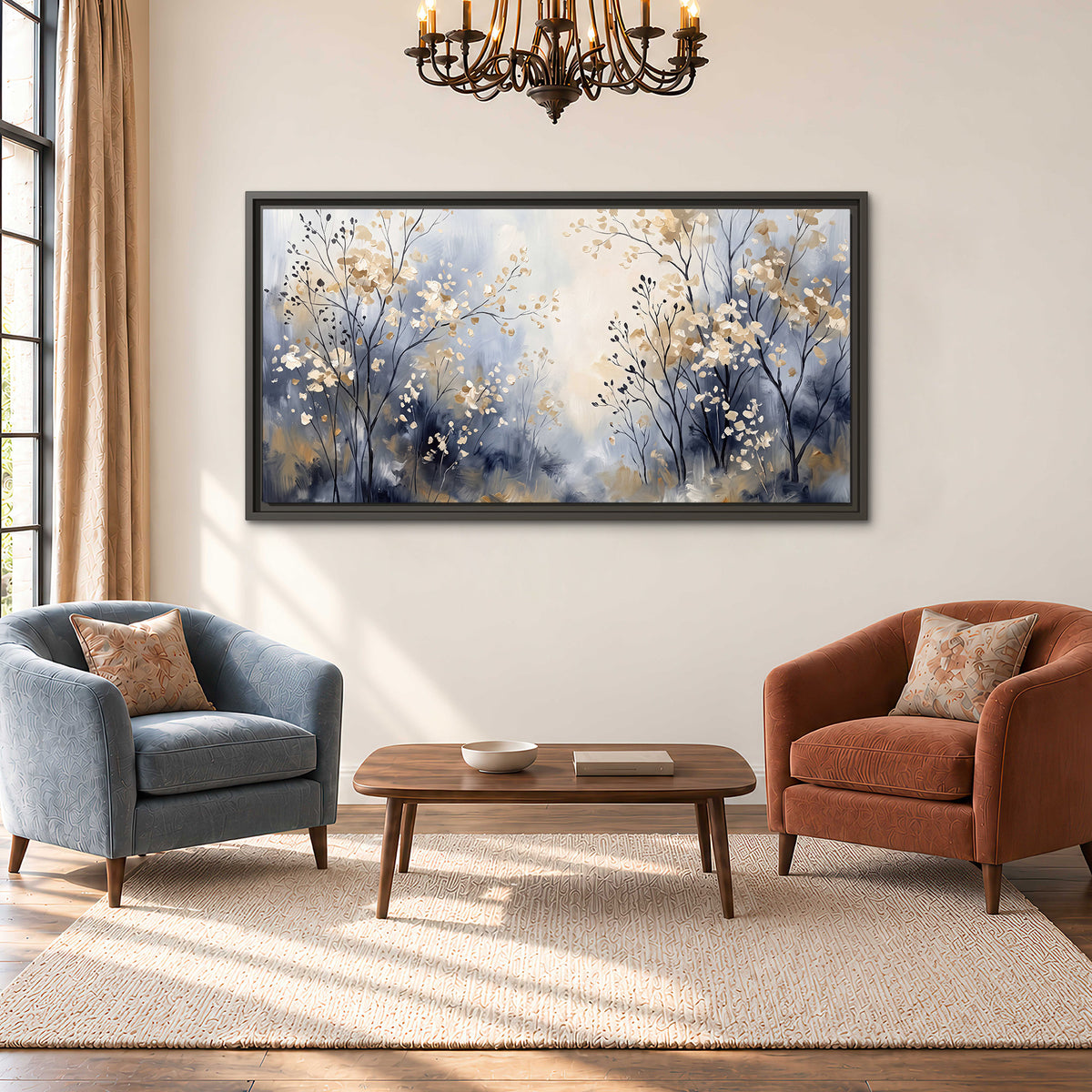 Delicate pale gold-colored branches against a deep blue misty background single framed canvas wall art styled in an interior