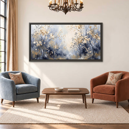 Delicate pale gold-colored branches against a deep blue misty background single framed canvas wall art styled in an interior