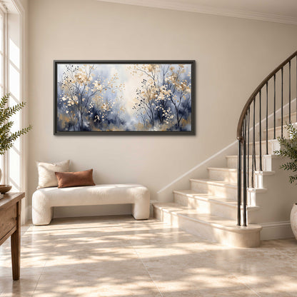 Delicate pale gold-colored branches against a deep blue misty background single framed canvas wall art styled in an interior