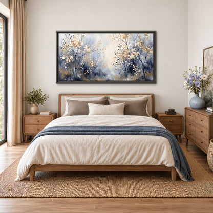 Delicate pale gold-colored branches against a deep blue misty background single framed canvas wall art styled in an interior
