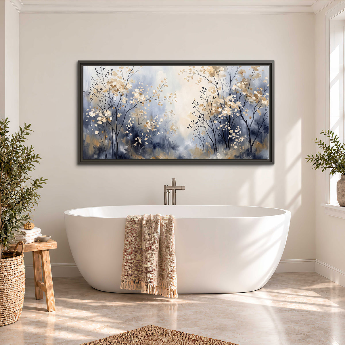 Delicate pale gold-colored branches against a deep blue misty background single framed canvas wall art styled in an interior