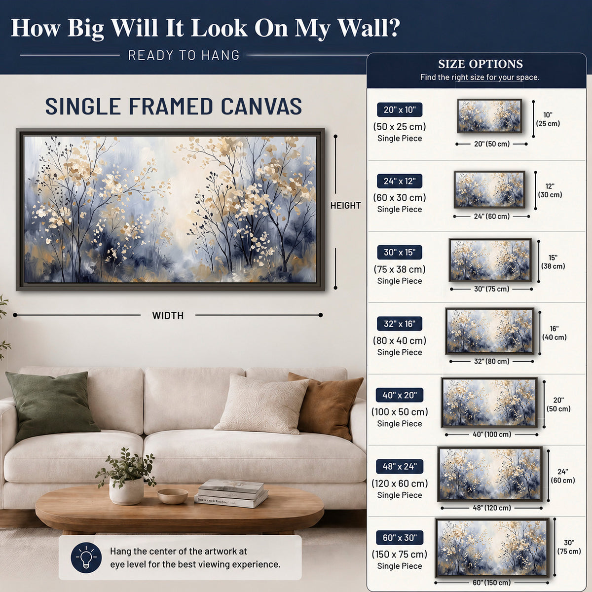 Delicate pale gold-colored branches against a deep blue misty background single framed canvas wall art size guide above a sofa; room view is illustrative