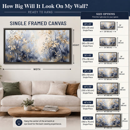 Delicate pale gold-colored branches against a deep blue misty background single framed canvas wall art size guide above a sofa; room view is illustrative