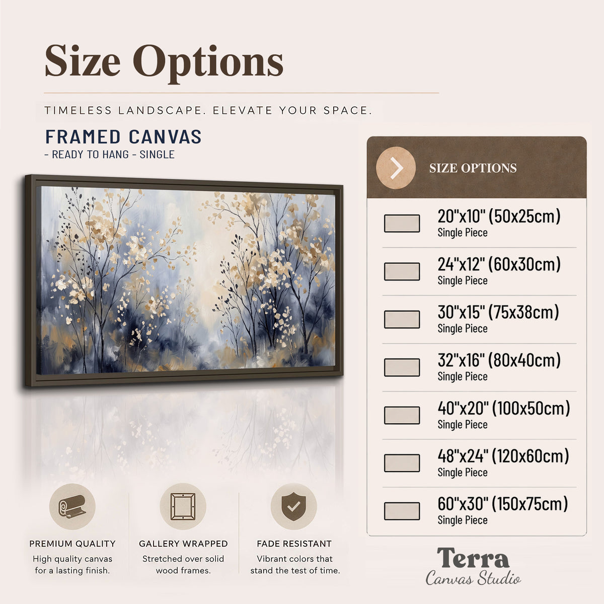 Delicate pale gold-colored branches against a deep blue misty background single framed canvas wall art available dimensions