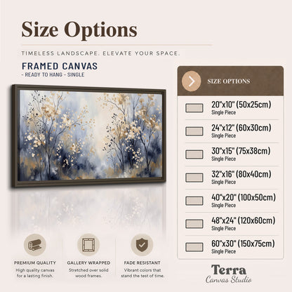 Delicate pale gold-colored branches against a deep blue misty background single framed canvas wall art available dimensions