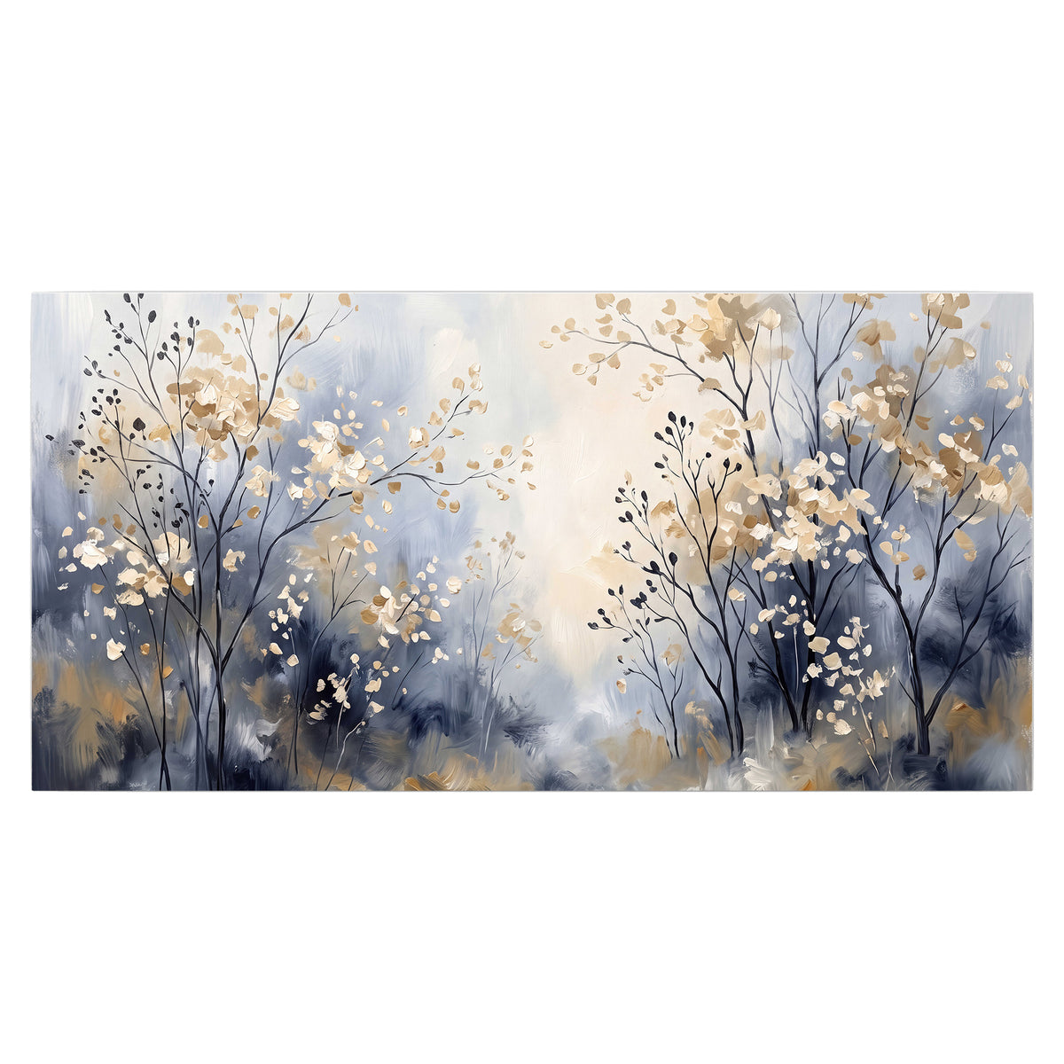 Delicate pale gold-colored branches against a deep blue misty background single poster print viewed straight on