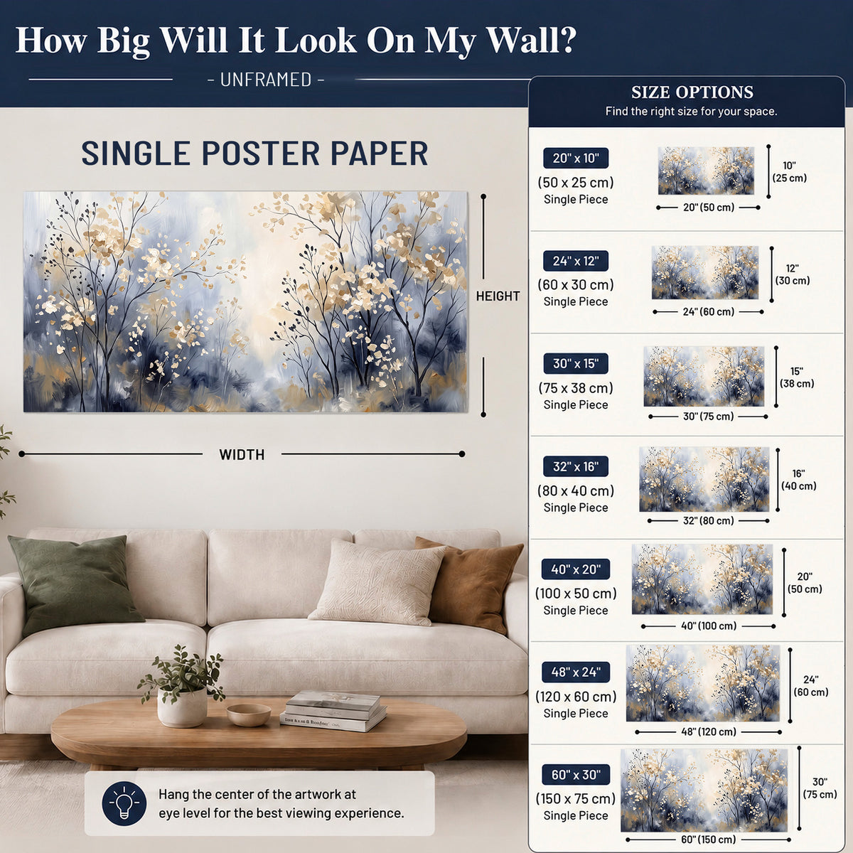 Delicate pale gold-colored branches against a deep blue misty background single poster print size guide above a sofa; room view is illustrative