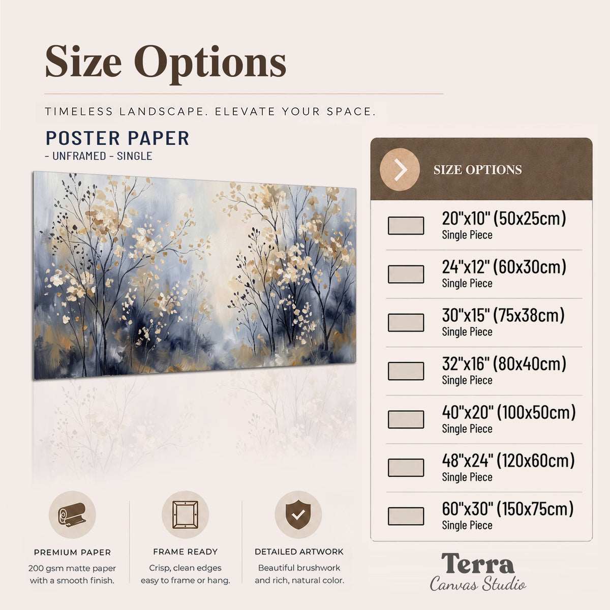 Delicate pale gold-colored branches against a deep blue misty background single poster print available dimensions