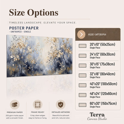 Delicate pale gold-colored branches against a deep blue misty background single poster print available dimensions