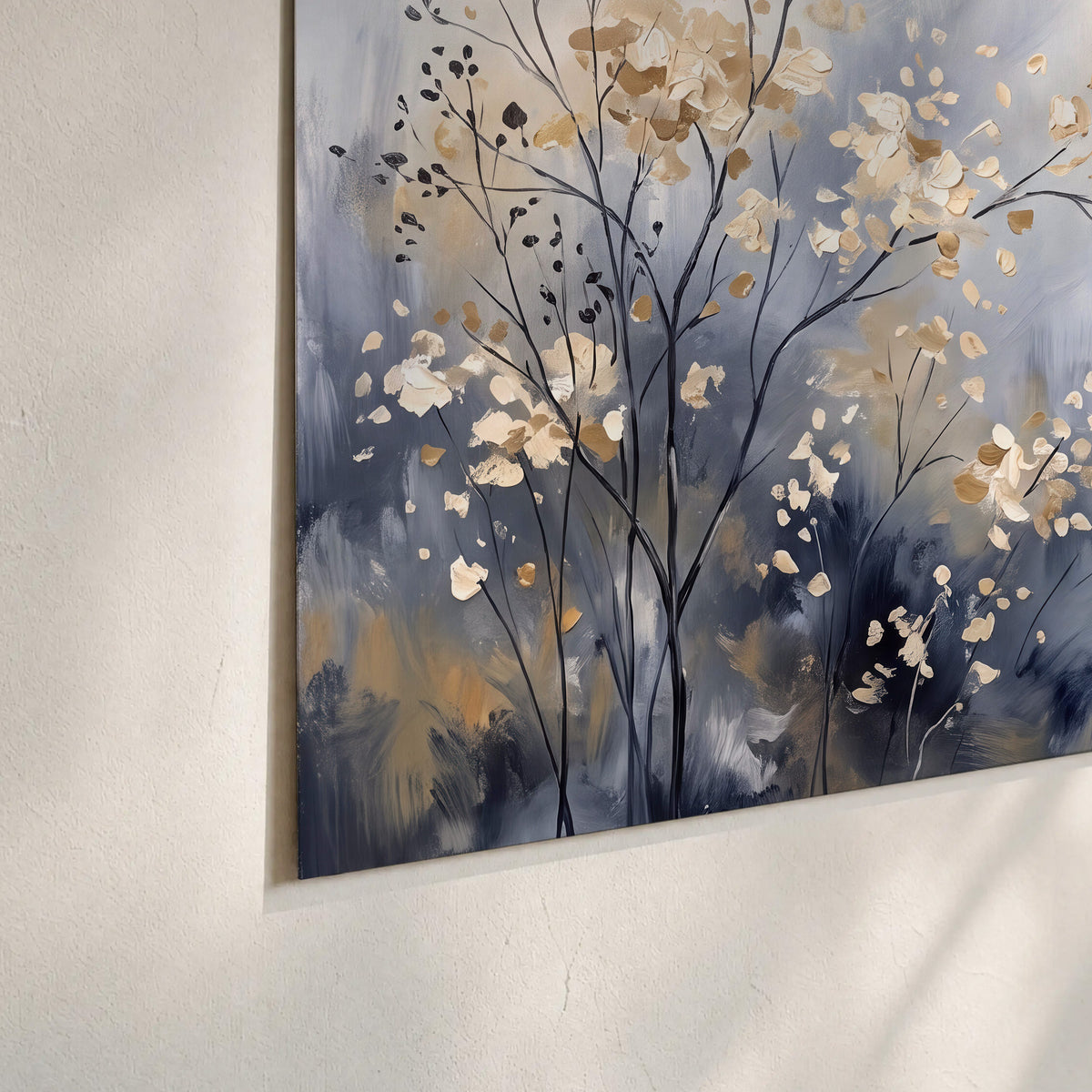 Delicate pale gold-colored branches against a deep blue misty background set of 3 poster prints material and edge close up