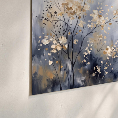 Delicate pale gold-colored branches against a deep blue misty background set of 3 poster prints material and edge close up