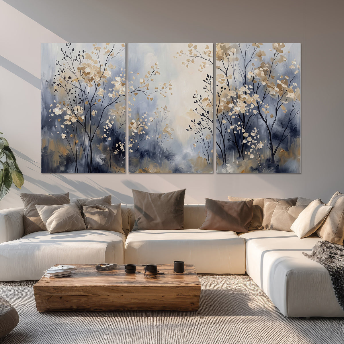 Delicate pale gold-colored branches against a deep blue misty background set of 3 poster prints displayed in a living room